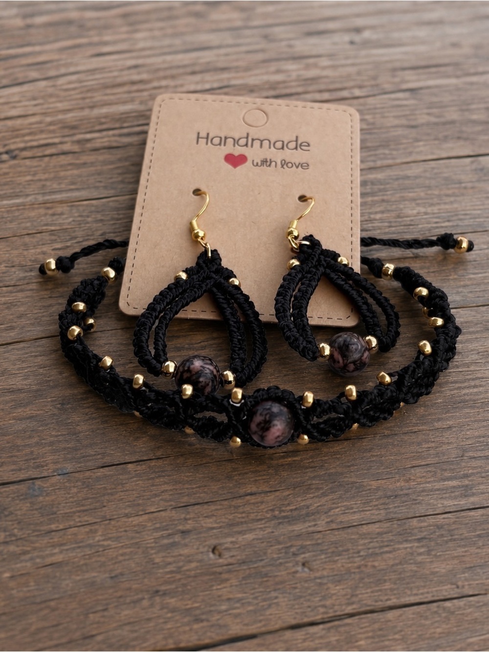 Handmade Black Macramé Bracelet & Earring Set with Gold Beads